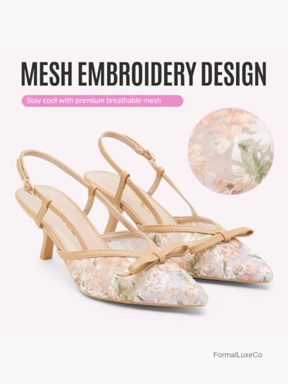 Elegant Floral Mesh Pointed Toe Pumps with Kitten Heel - Picture 3 of 7